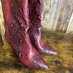 ASOS design Roberts pull on mid heel boots in red snake